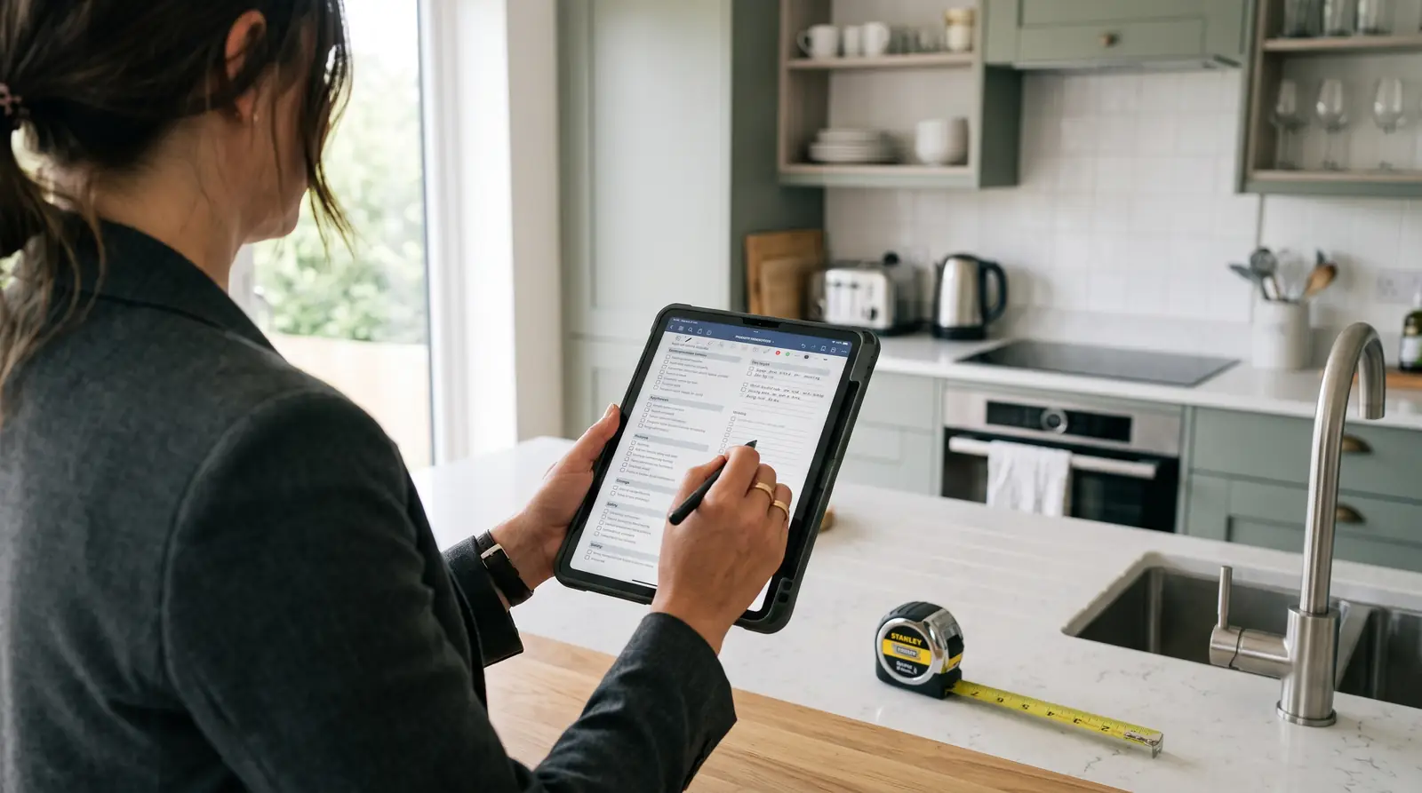 Contrôleur de dos remplissant une grille sur une tablette dans une cuisine