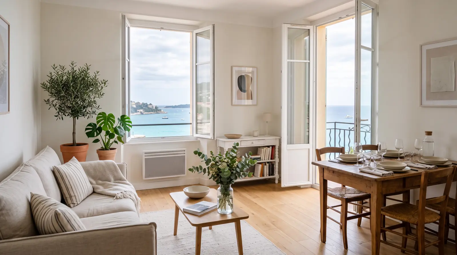 Séjour lumineux d’un appartement de vacances avec vue sur la mer
